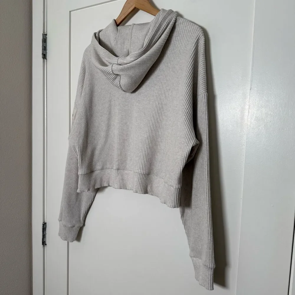 ALO Yoga Muse Cropped Hoodie Womens Sz L Gray Ribbed Long Sleeve Athleisure